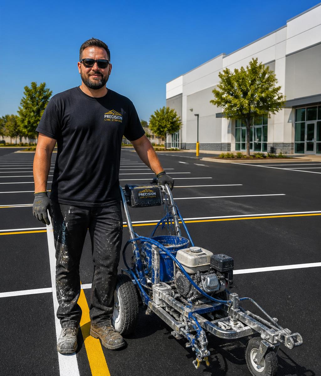 Line striping technician with a striping machine in a freshly striped parking lot